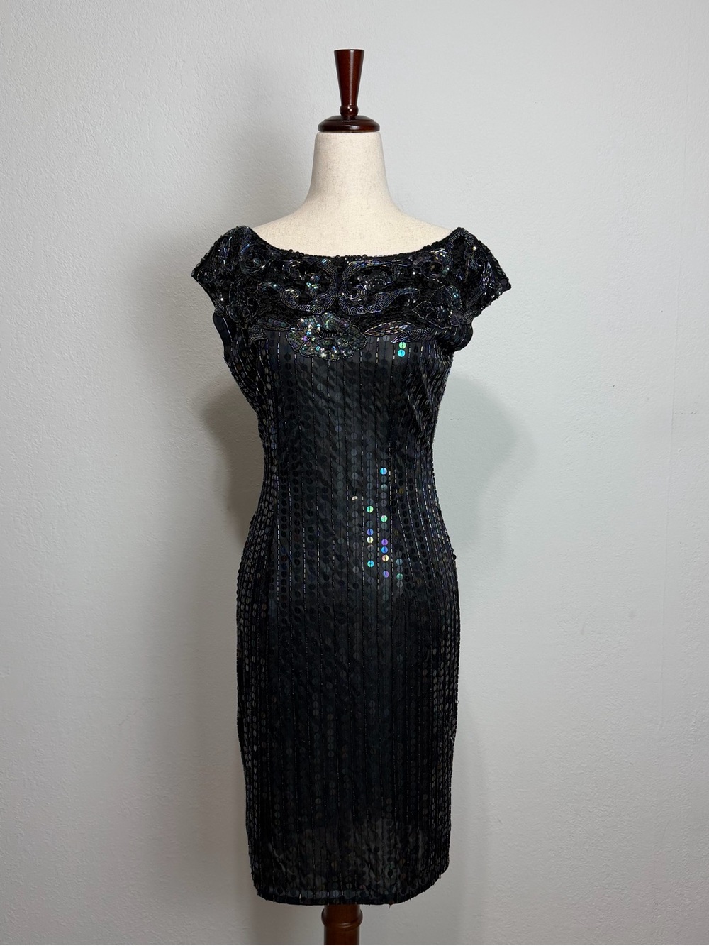 NADINE Vintage Sequin Dress Black Sequin Cap-Sleeve Cocktail Dress